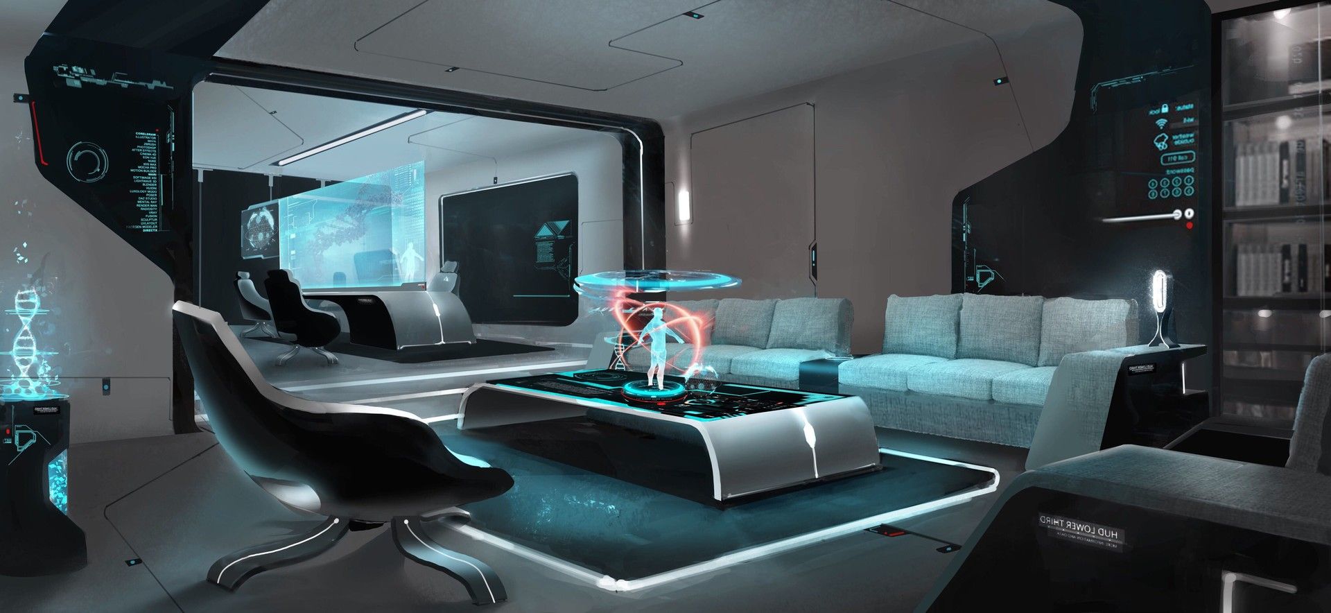 futureistic house with screens projected everywhere and a screen made person standing on a table (made by an artist, not a real photo)
