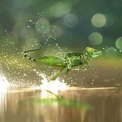 a green baskilisk with sone blue touches running over the surface tnesion on a lake