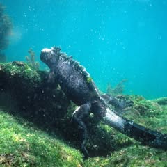 a large mostly black galapogis lizard with a white stripe across it's tail sitting on a log many feet underwater